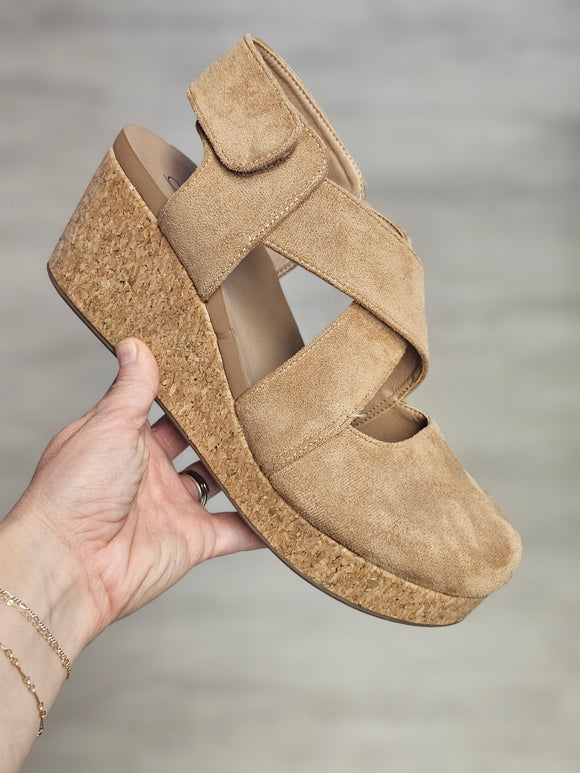 Corkys Case Closed Wedge in Camel Faux Suede