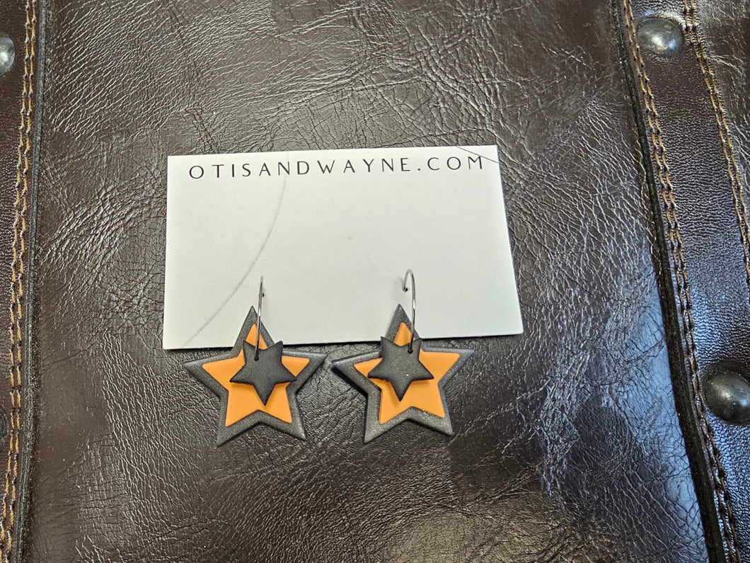 Black + Orange Star Dangle Hoops