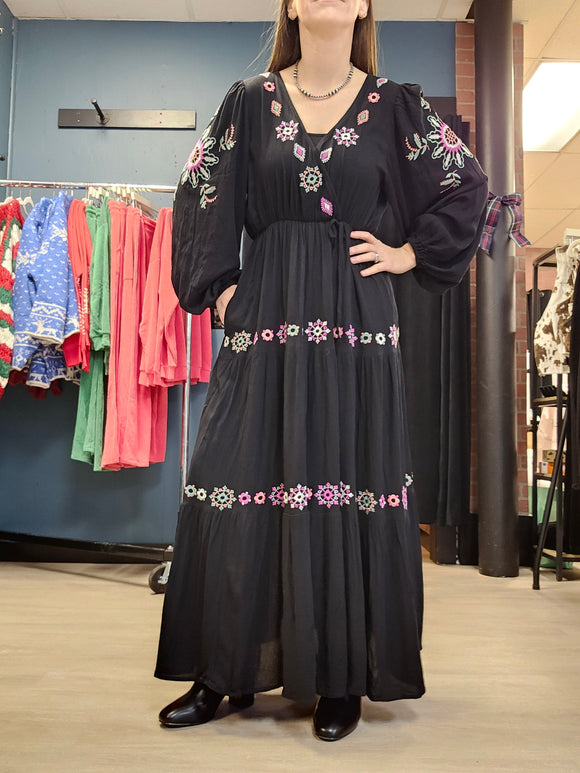 Black + Bright Multicolor Embroidered Maxi Dress
