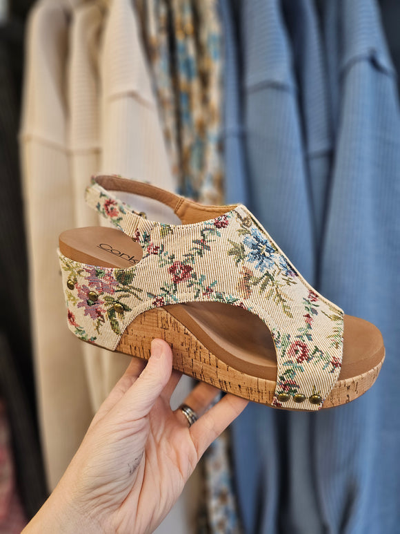 Corkys Carley Wedge in Sand Brocade Floral with Corkys Comfort Insole