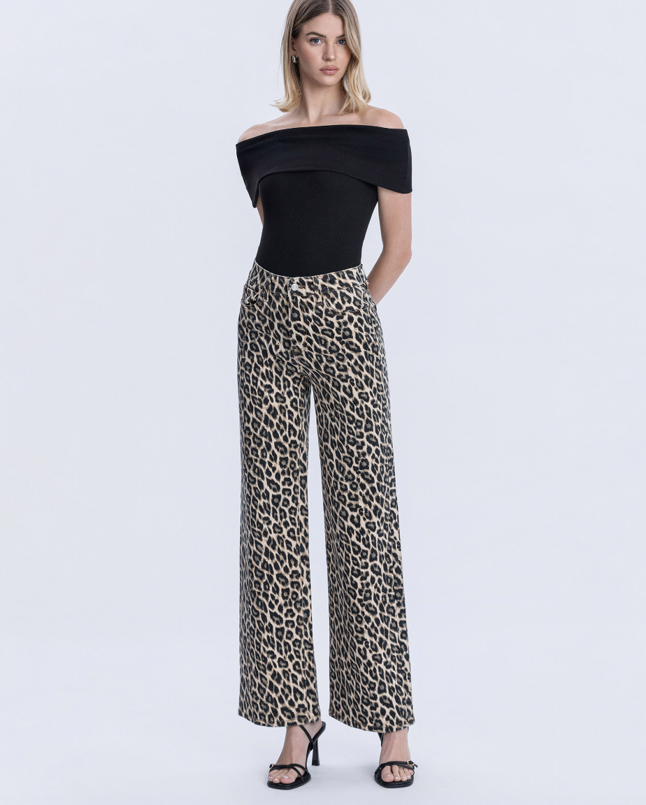 Vervet High Rise Wide Leg Raw Hem Jean in Leopard Print