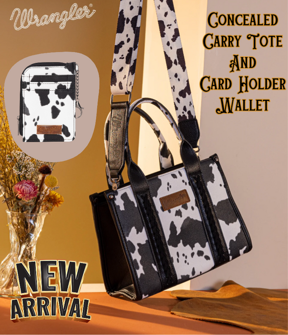 Concealed Carry Wrangler Faux Leather Small Crossbody Tote - Black + White Cow Print