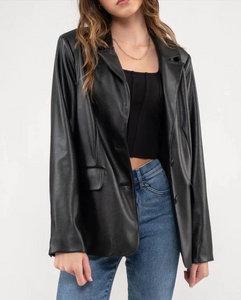 Faux Leather Blazer - Black