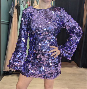 Sequined Bell Sleeve Purple Cocktail Dress - Homecoming