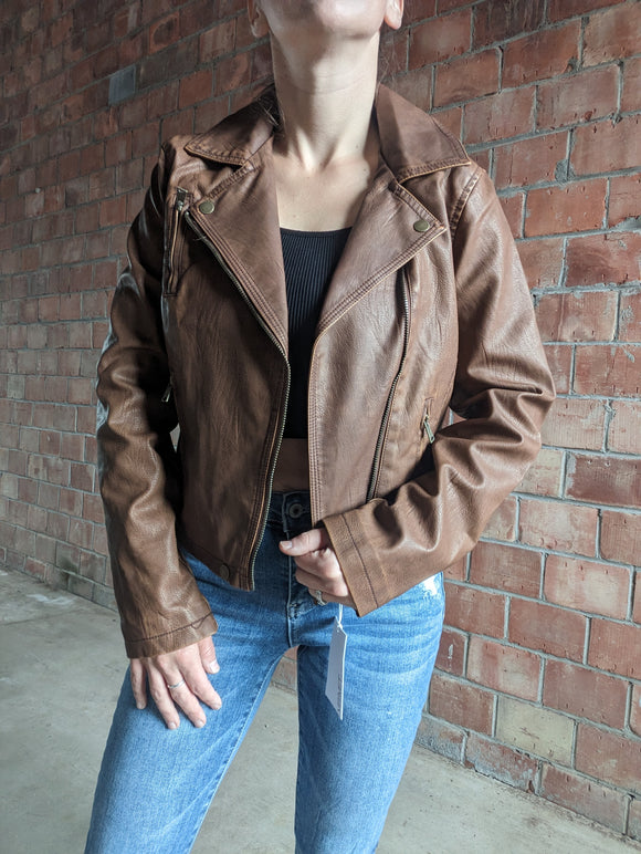 FAUX Leather Moto Jacket - Cognac