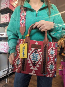 Wrangler Southwestern Pattern Dual Sided Print Canvas Small Crossbody Tote in Aztec Burgundy