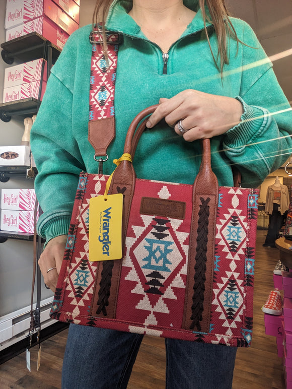 Wrangler Southwestern Pattern Dual Sided Print Canvas Small Crossbody Tote in Aztec Burgundy