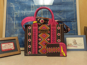 Wrangler Southwestern Pattern Dual Sided Print Canvas Small Crossbody Tote in Aztec Hot Pink