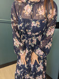 Navy Floral Long Sleeve Midi Dress