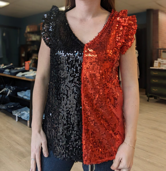 Orange + Black Sequin Flutter Sleeve Top - Rams