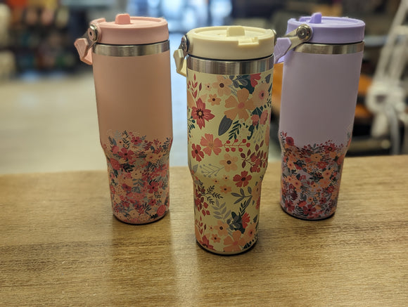 30oz Stainless Steel Floral Flip Straw Tumbler