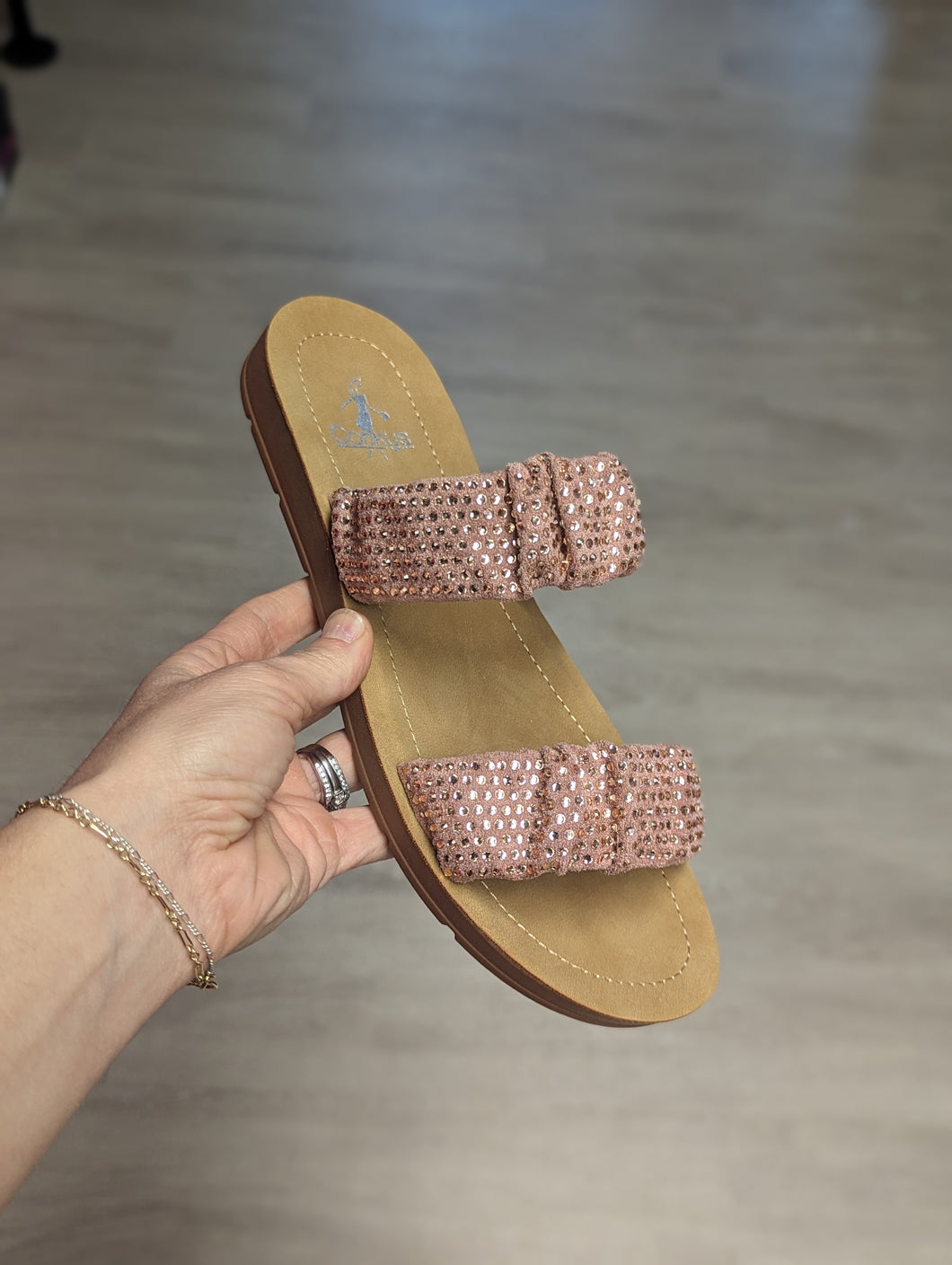 Corkys Iced Tea Rhinestone Casual Slide Sandal in Blush