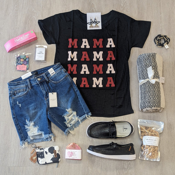 Distressed Mama Tee in Black, Red, + Pink