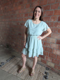 Swiss Dot Ruffle Mini Dress in Aqua Sage