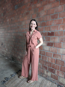 Button Down Wide Leg Jumpsuit in Sienna