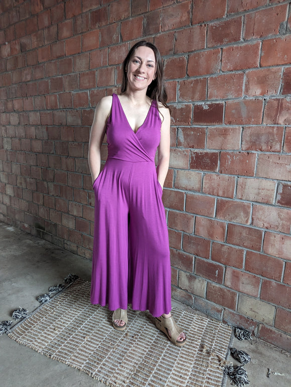 Sleeveless V-neck Jumpsuit in Plum