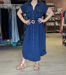 Navy Belted Button Front Midi Dress