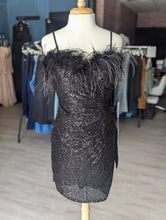 Load image into Gallery viewer, Strappy Black Sequin Cocktail Dress with Feather Detail - Homecoming
