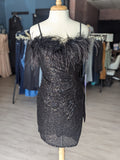 Strappy Black Sequin Cocktail Dress with Feather Detail - Homecoming