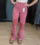 Judy Blue Pink Crochet Patch Denim - High Rise - Wide Leg