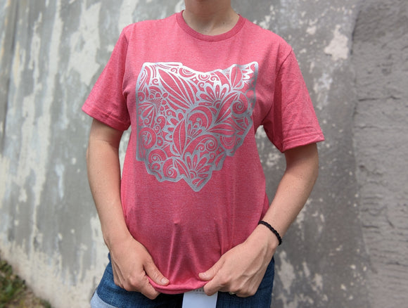 Metallic Silver Madala Ohio on Heathered Red Unisex T-Shirt