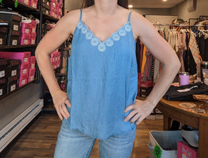 Chambray V neck Tank Top with embroidered flowers