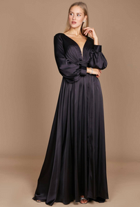 Deep V Long Sleeve Satin Evening Gown in Black with Illusion Neckline