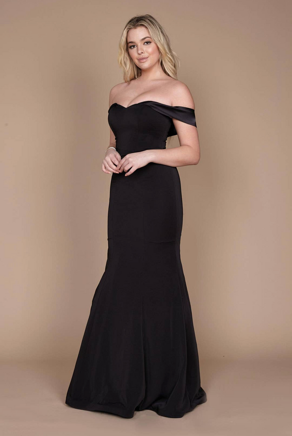 Fitted Off Shoulder Matte + Satin Evening Gown in Black