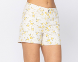 Judy Blue White + Yellow Floral Mid Rise Shorts