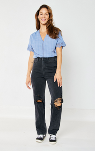 Judy Blue High Waist 90's Straight Distressed Denim - With Rigid Magic