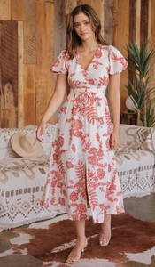 Red + Ivory Floral Button Front Midi Dress