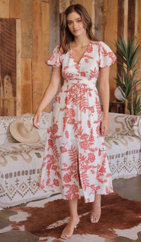 Red + Ivory Floral Button Front Midi Dress