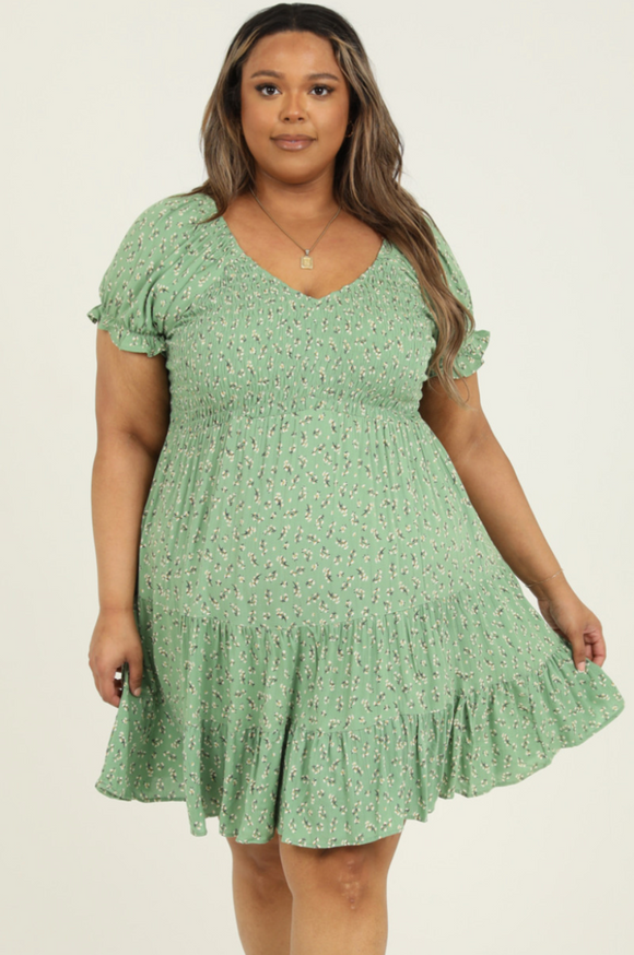 Green Floral Smocked Top Mini Dress - Plus