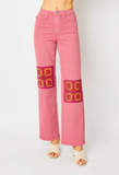 Judy Blue Pink Crochet Patch Denim - High Rise - Wide Leg