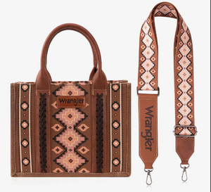 Wrangler Southwestern Pattern Dual Sided Print Canvas Small Crossbody Tote in Dark Coffee