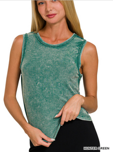 Mineral Washed Ribbed Tank Top Hunter Green