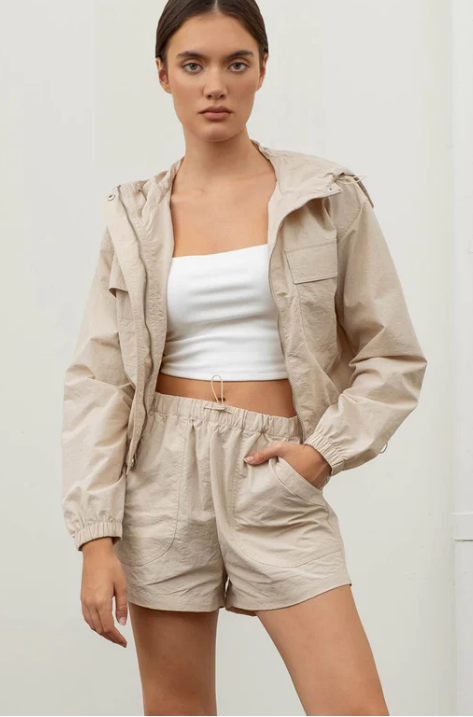 Khaki Windbreaker Shorts + Utility Jacket