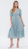 Lace Button Front V Neck Midi Dress - Various