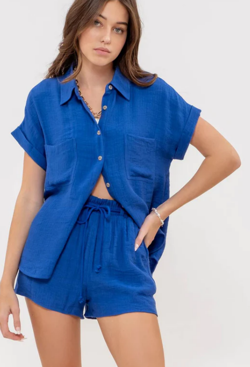 Lightweight Shorts + Button Front Top in Cobalt