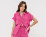 Lightweight Wide Leg Pant + Button Front Top in Hot Pink