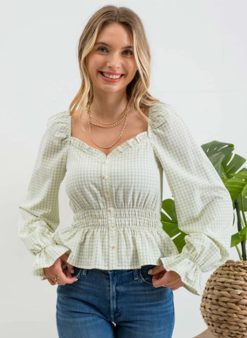 Green + White Long Sleeve Gingham Crop Top