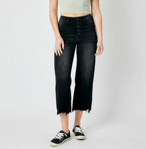 Judy Blue High Waist Black Raw Hem Wide Leg Crop