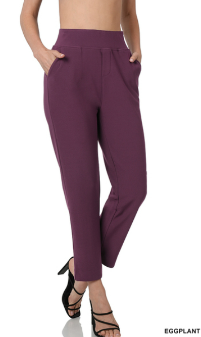 7/8 Length Straight Fit Pull On Stretch Dress Pant - Eggplant