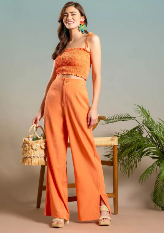 Lightweight Wide Split Leg Pant + Rouched Crop Top in Orange