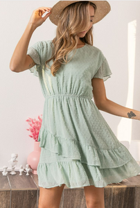 Swiss Dot Ruffle Mini Dress in Aqua Sage