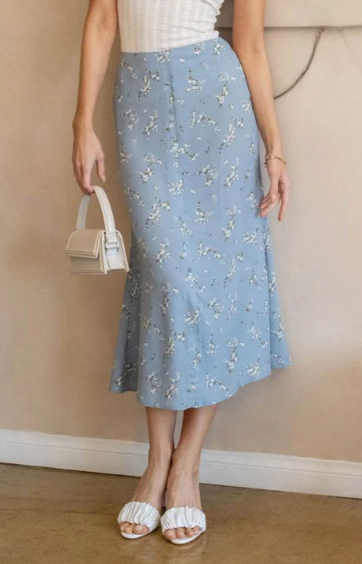 Blue + Ivory Floral Midi Skirt