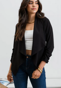 Drapey Blazer in Black with Rouched 3/4 Sleeve - Plus + Reg