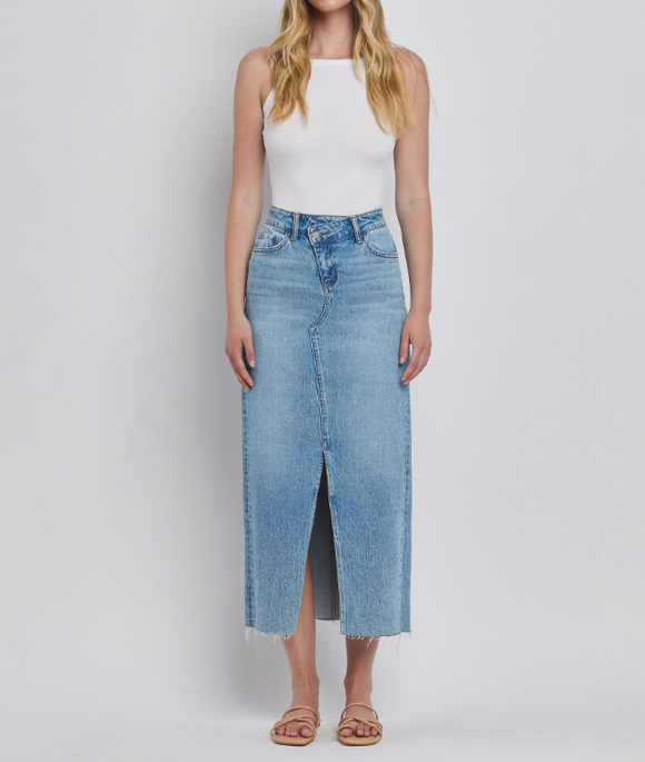 Vervet by Flying Monkey Criss Cross Front Slit Denim Maxi Skirt