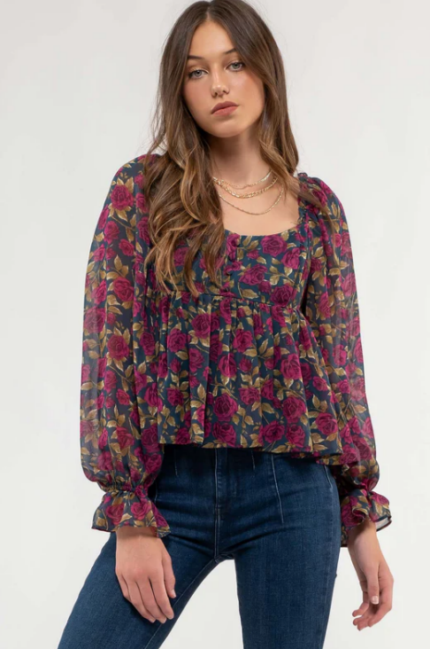 Long Sleeve Vibrant Plum Floral Baby Doll Top