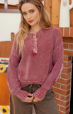 Mineral Wash Crewneck Henley Knit Sweater - Various